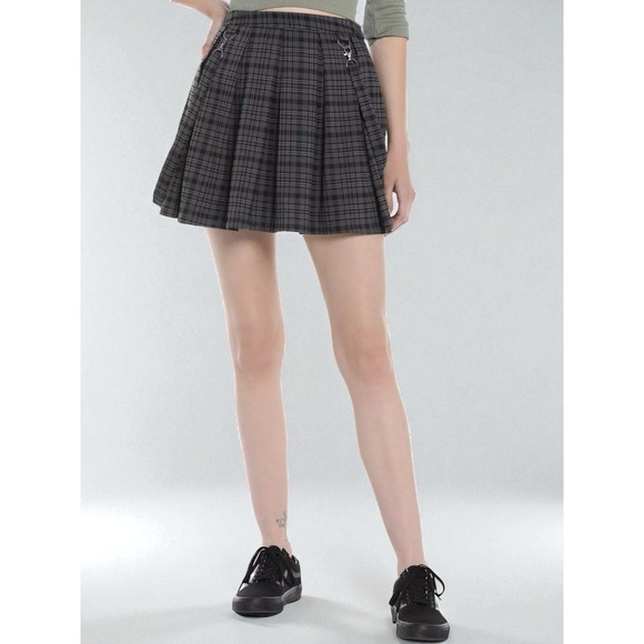 Hot Topic Dresses & Skirts - Hot Topic Black Gray Plaid Pleated Skirt Suspenders Goth Grunge Academia Emo SzM